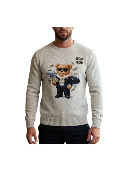 Sweter Mc2 Saint Barth wełniany z nadrukiem typu teddy szary