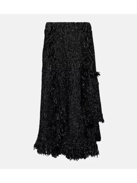 Fustă midi Sacai cu franjuri din tweed până la genunchi negru