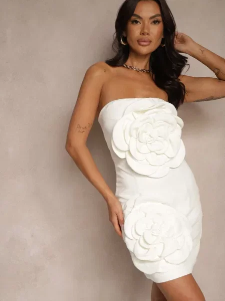 Sukienka Typu Bandeau z Kwiatami 3D Desilina biała