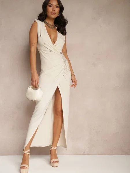 Koktajlowa Sukienka Kopertowa Ozdobiona i Marszczeniem Tdivaya beżowa