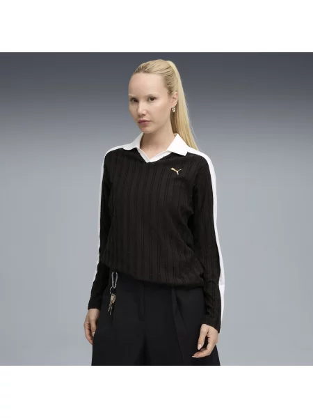 Koszulka polo z długim rękawem T7 o luźnym kroju czarne