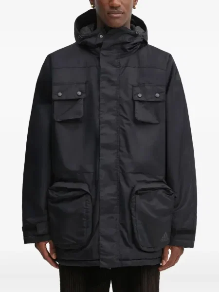 Geacă parka Adidas cu dungi cu glugă cu șireturi albastru