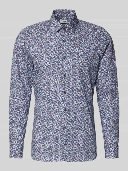 Koszula biznesowa o kroju slim fit z bawełny z kołnierzykiem typu kent Olymp Level 5 granatowa