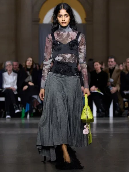 Fustă Erdem cu broderie cu model herringbone gri