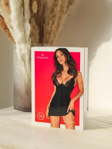 Эротическая сорочка с трусиками стринг Комплект_Obsessive_Bellastia_chemise чорна