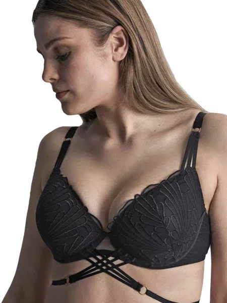 Однотонный бюстгальтер с вышивкой чорний