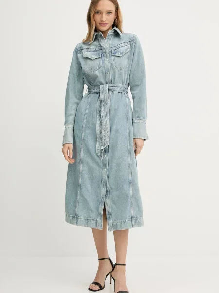 BOSS Orange rochie jeans midi drept albastru