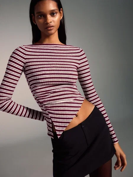 Bershka Koszulka Z Długim Rękawem Asymetryczna Kobieta S bordowy