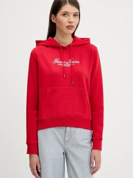Guess Jeans bluza z kapturem z aplikacją czerwony