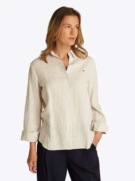 Tommy Hilfiger Lniana bluzka Kobiety len w paski 36 beżowy