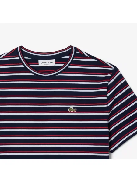 Lacoste T-Shirt Z Okrągłym Dekoltem W Paski Regular Fit granatowy
