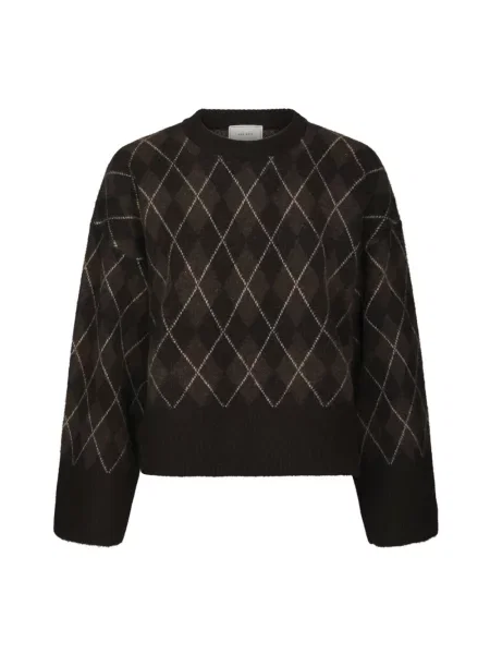 Sweter Neo Noir wełniany w kratę brązowy
