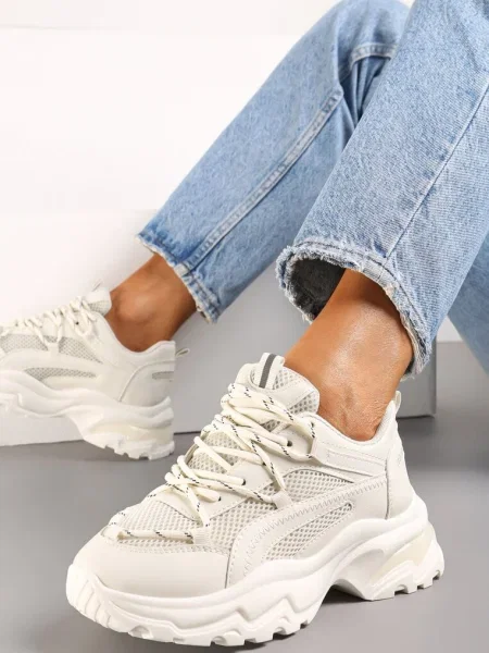 Sneakersy na Grubej Nieregularnej Podeszwie z Odblaskowymi Wstawkami Ollavia beżowe