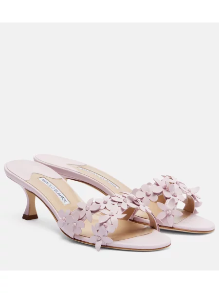 Papuci tip mules Manolo Blahnik din piele cu model floral roz