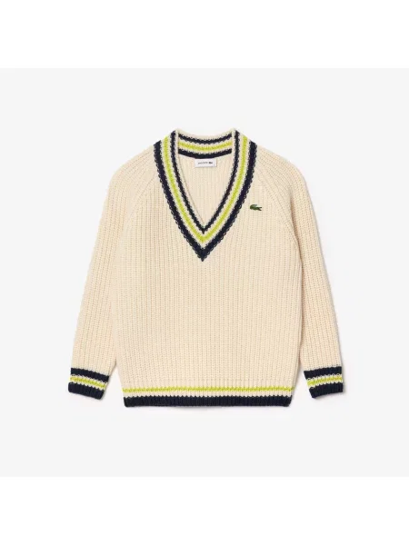 Lacoste Wełniany Sweter Z Dekoltem V Z Blokadą Koloru Relaxed Fit Kremowy Kremowy