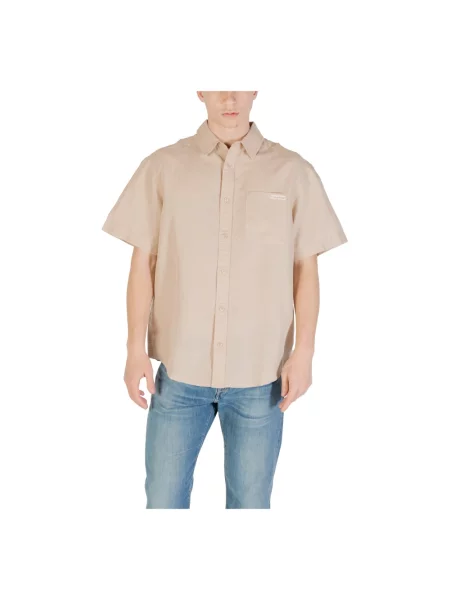 Lniana koszulka Calvin Klein Jeans z krótkim rękawem beżowa