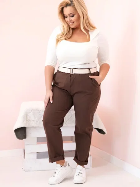 Kesi Włoski Dámske nohavice Plus Size s opaskom hnedý