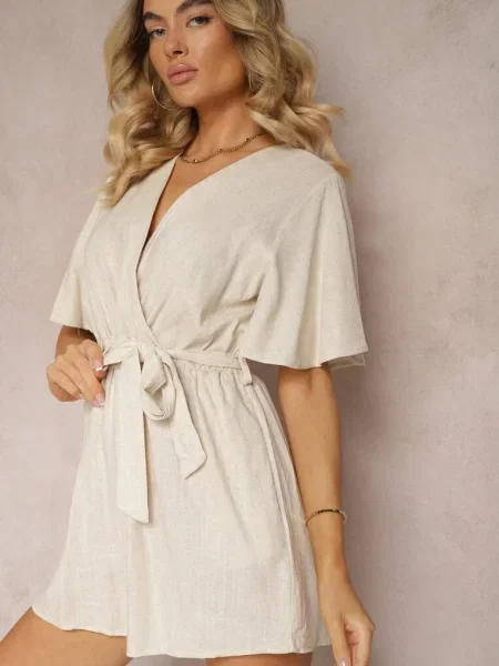 Kopertowy Kombinezon z Bawełny Wiązany w Talii Materiałowym Vikly beżowy