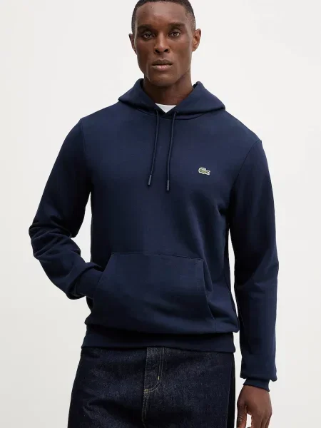 Dukserica Lacoste tamno s kapuljačom bez uzorka plava