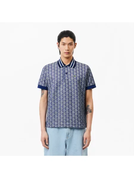 Lacoste Koszulka Polo Classic Fit Z Kołnierzykiem Kontrastowym I Motywem Monogramu granatowa