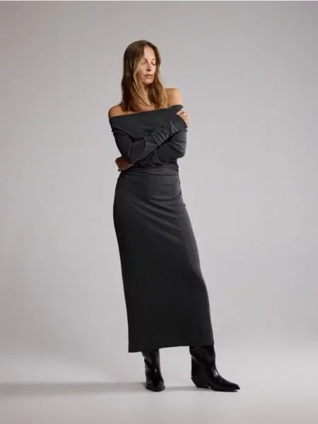 Reserved Rochie midi cu conținut ridicat de Lyocell gri-închis gri