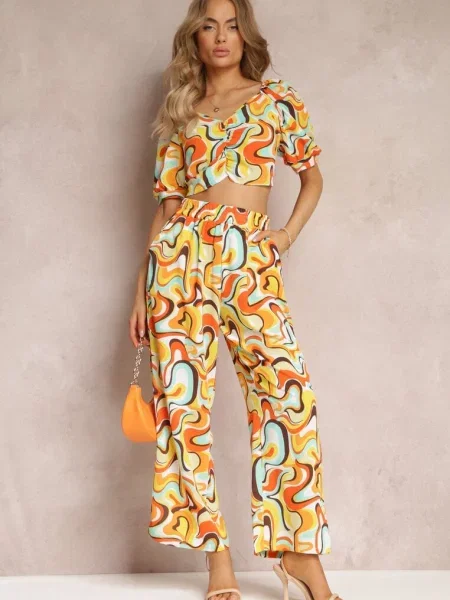 Komplet Top z Marszczeniami i Szerokie Spodnie Alesi żółty