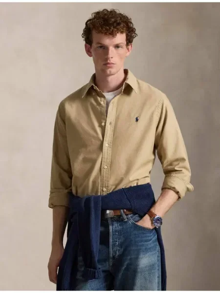 Hosszú ujjú hosszú twill ing Polo Ralph Lauren bézs