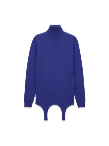 Lniany sweter z golfem Saint Laurent niebieski