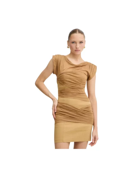 Lniana sukienka mini Pinko beżowa