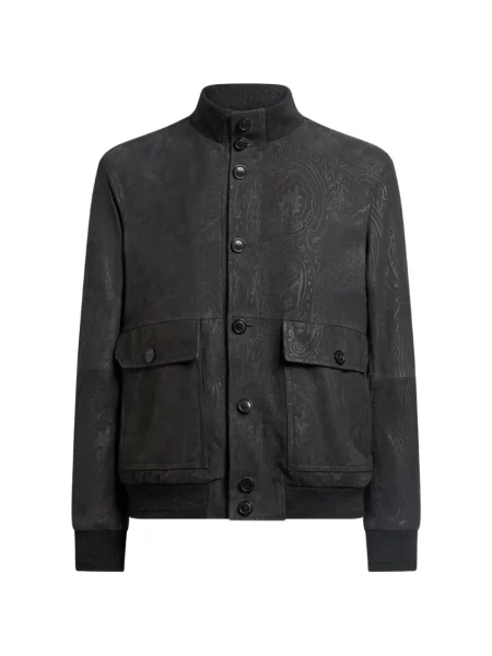 Geacă bomber Etro din piele de căprioară cu imagine cu model paisley negru