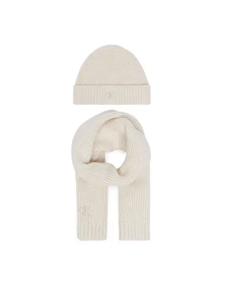 Sada čepice a šál Calvin Klein Jeans Knitted Scarf Beanie Giftbox Krémová béžový