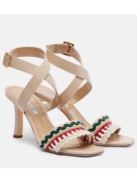 Kožené sandály Manolo Blahnik s výšivkou béžové