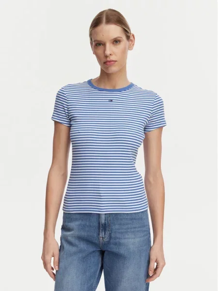 Tommy Jeans Majica ESSENTIAL mornarska / kraljevo modra bela