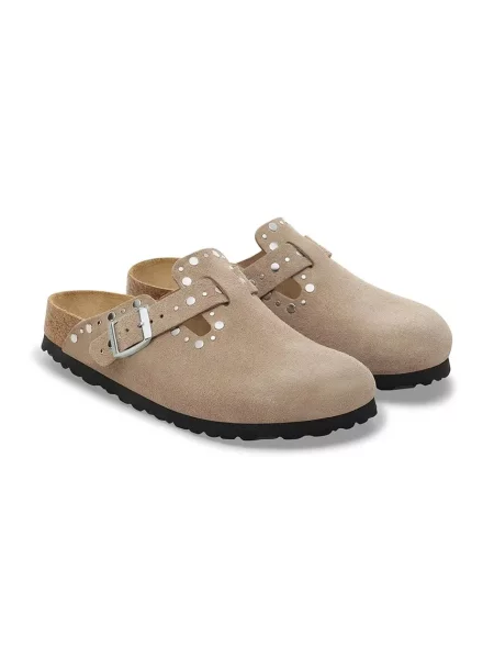 Birkenstock klapki zamszowe Boston Rivet beżowe