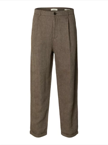 SELECTED Kalhoty se sklady v pase čokoládová