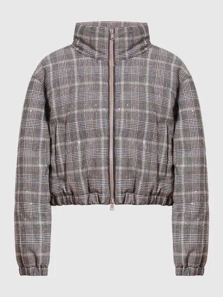 Пуховик в клітинку з паєтками Brunello Cucinelli сірий