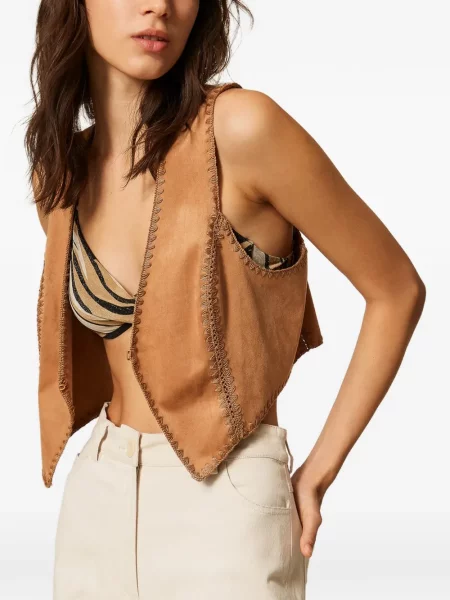 Vestă Twinset cu broderie din piele de căprioară maro