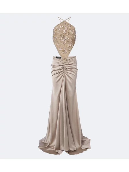 Satenska obleka Georges Hobeika z odprtim hrbtom bež
