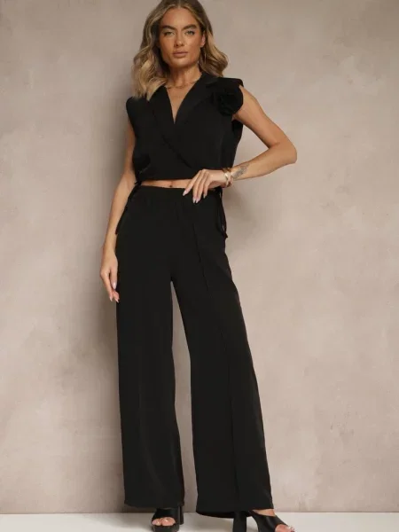 Komplet Spodnie o Szerokim Kroju i Kopertowa Bluzka ze Ściągaczem Reavilora czarny