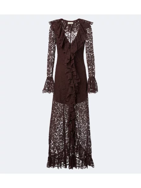 Rochie maxi De La Vali asimetrică din dantelă maro