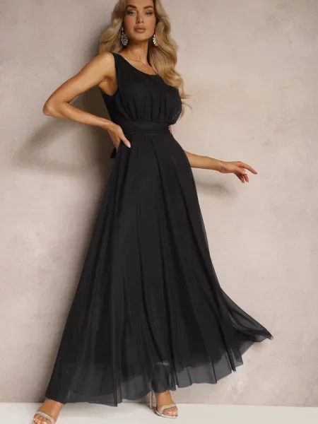 Koktajlowa Sukienka z Tiulowym Dołem Bez Rękawów Elastar czarna