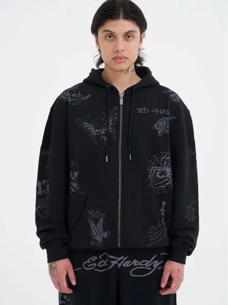 Ed Hardy Hanorac Tattoo Club gri / negru alb