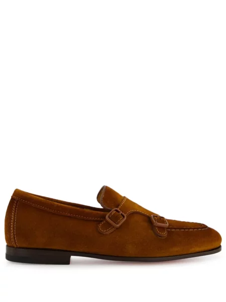 Pantofi loafer Santoni din piele de căprioară cu cataramă maro