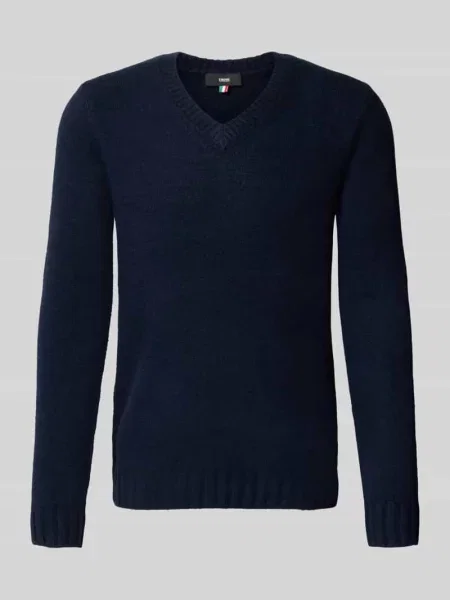 Sweter z dzianiny z dekoltem w serek model ‘UPO’ Cinque granatowy