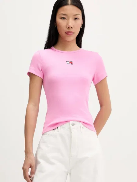Tommy Jeans t-shirt γυναικείο με ελαστάν ροζ