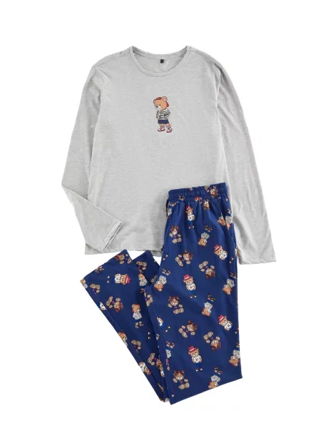 Trendyol Pijama lungă albastru / maro deschis / gri deschis alb