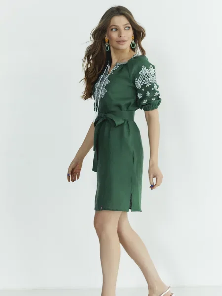 Льняное платье Folk Moda зеленое