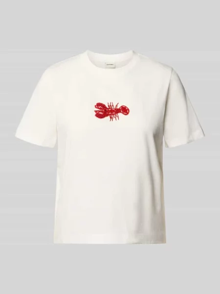 T-shirt z perłami i okrągłym dekoltem Stefanel biała