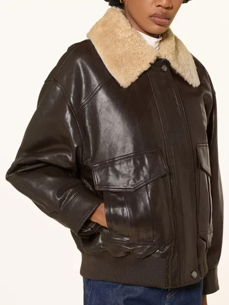 Weekend Max Mara Kožená Bunda Calata S Odnímatelným Límcem tmavě hnědá