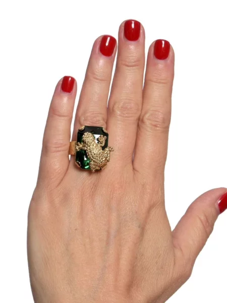 Inele Celeste anello con cristallo smeraldo Swarovski & motivo rana auriu / închis verde